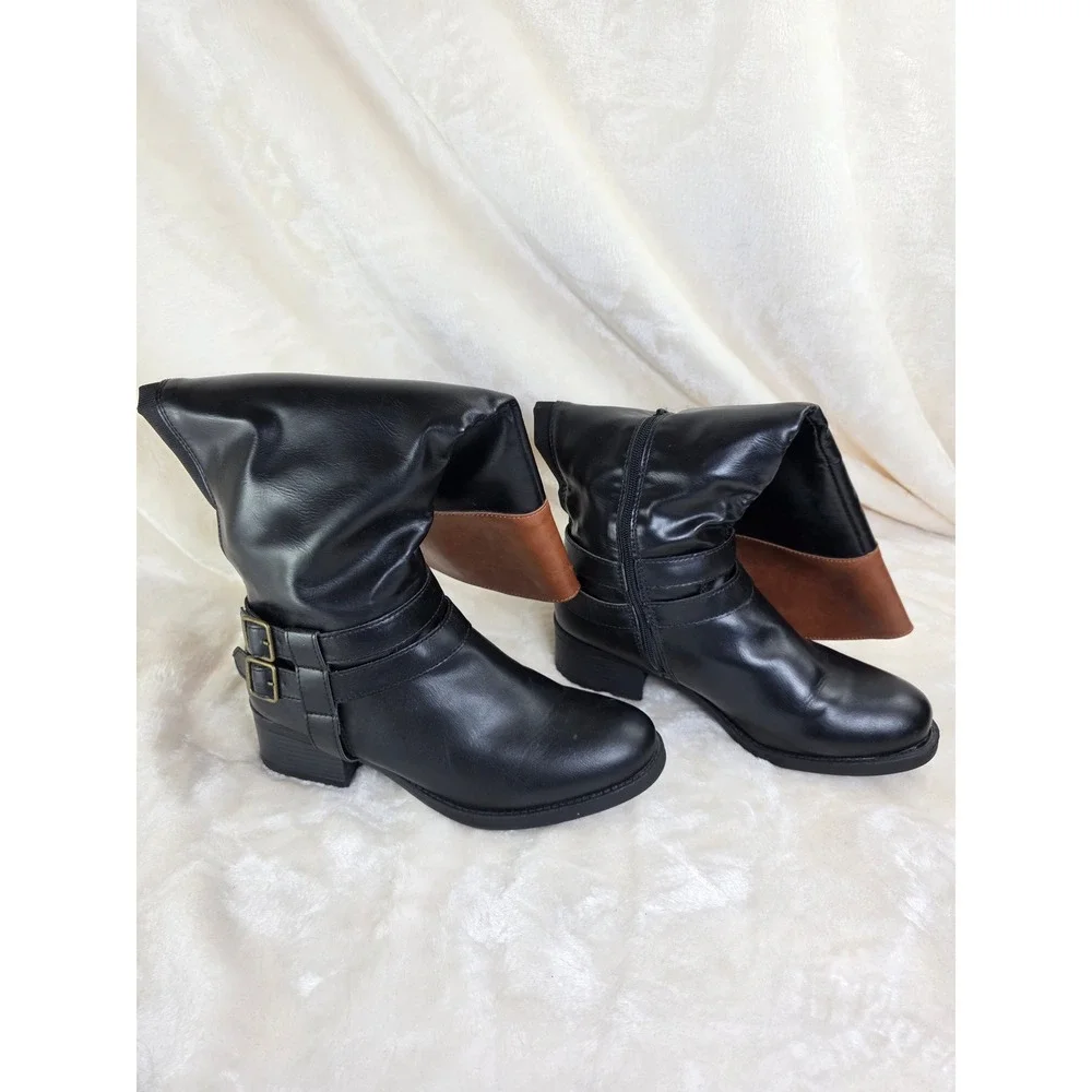 Black‎ Faux Leather Buckle Riding Boots